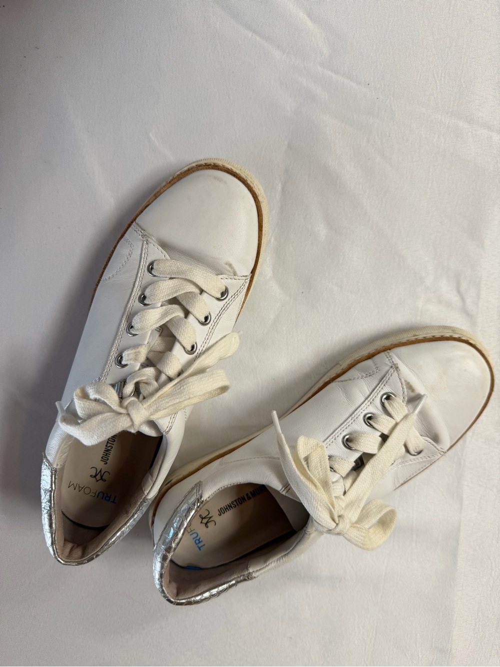 Johnston & Murphy White Leather Sneakers with Silver Heel Accent